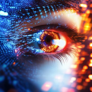 Close-up of an eye with digital data overlay, vibrant reflections, illuminated eyelashes, technology concept
