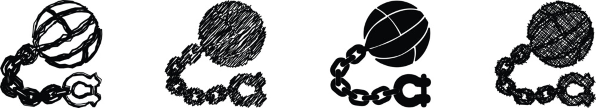 A collection of four distinct graphic representations of a ball and chain, each rendered with a unique artistic texture and style