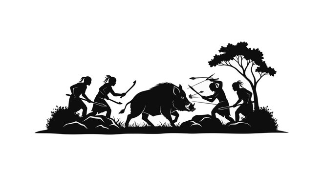 Black and white silhouette vector illustration of ancient tribal hunters attacking a large wild boar with spears and bows in a landscape with rocks and a tree.