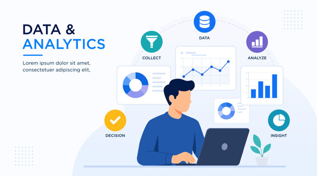 Data Analytics Vector Banner with businessman working at desk, dashboard charts and business intelligence. Infographic illustration for presentation, reporting, decision making and performance