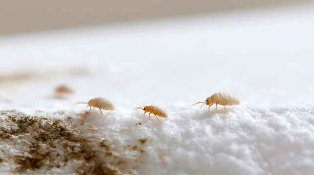 Macro view of small springtail insect pests, Collembola, crawling on a rough white surface with mold, indicating a need for pest control