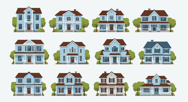 Flat vector set of 12 classic two-story suburban residential houses with light blue facades, brown roofs, and green trees. Collection includes various architectural designs with gables and porches.