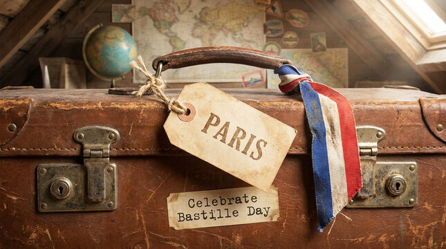Classic leather suitcase with patriotic ribbon and nostalgic French travel tag in retro illustration style