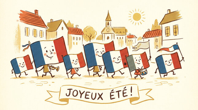 Tiny smiling French flags marching together like friendly storybook characters, playful 1950s magazine illustration, bold halftone printing, warm cream paper, joyful summer atmosphere.