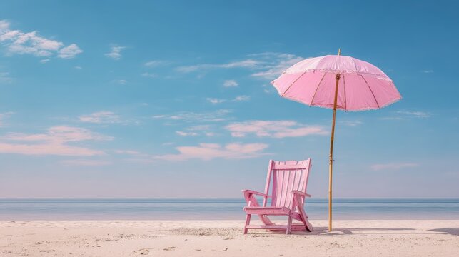 Pink beach chairs beneath a beach umbrella on a sandy tropical beach, relaxing seaside vacation destination with sunny coastal landscape, summer travel concept and tranquil ocean holiday background wi