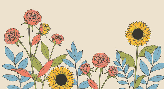 Minimalist botanical illustration featuring a mix of pink roses and bright yellow sunflowers with blue and green foliage set against a neutral beige background in a clean line art style.