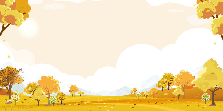 Autumn Background,Fall season with sunset in evening.Natural landscape with sky,cloud over orange folliage forest trees,mountain for Fall season banner,Vector cute cartoon in countryside scenery