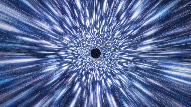 Abstract cosmic black hole with glowing starburst effect and dynamic light streaks in deep space