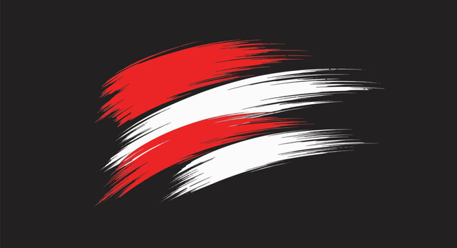 Red and white dynamic brush strokes in a horizontal swoosh pattern representing Japanese national colors and spirit on a dark charcoal background, stylized calligraphic vector art.