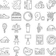 Fototapeta premium Collection of diverse outline icons depicting concepts related to health, shopping, food, and miscellaneous items such as a pumpkin, lamp, and recycling folder, usable for various design needs