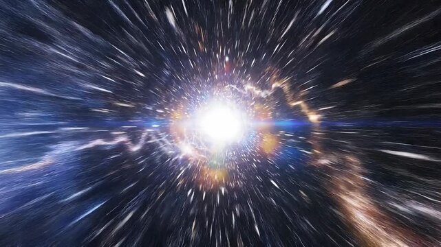 Bright cosmic explosion with starburst and galaxy light rays in outer space background