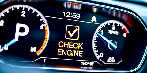 Fototapeta premium Close-up of a car dashboard with a yellow check engine light and illuminated gauges instrument panel