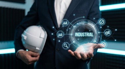 Fototapeta premium Professional engineer gesturing with holographic industrial 4.0 interface showing smart production and manufacturing automation icons in a modern workspace environment