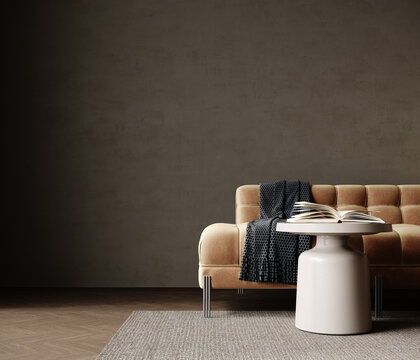 Modern interior design of living room with brown sofa and empty concrete wall background. 3D Rendering, 3D Illustration