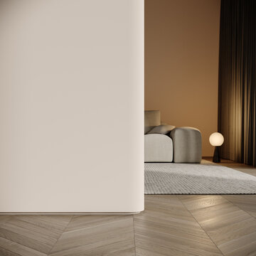 Modern interior design of living room with beige sofa and empty white wall background. 3D Rendering, 3D Illustration