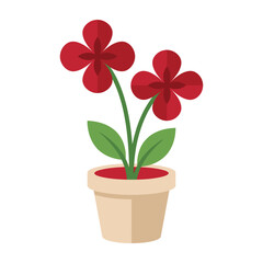 Obraz premium Red Four Petal Flowers Growing in a Simple Ceramic Pot Isolated on White Surface