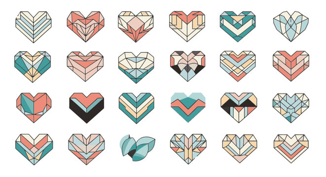 Collection of twenty-four geometric heart symbols in a vector style. Each icon features unique polygonal patterns with black outlines and a pastel color palette of pink, teal, and beige.