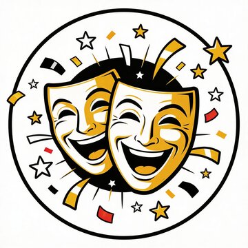 Classic comedy theater masks logo design with gold color and stars inside a circle badge