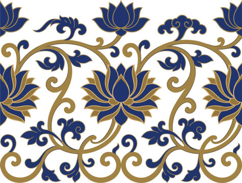 Seamless border pattern with elegant blue and gold lotus flowers and swirls.