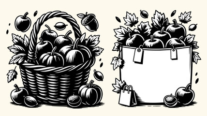 Whimsical hand-drawn autumn sale with pumpkin basket, maple leaves and organic flowing composition — poster © Aleksandr