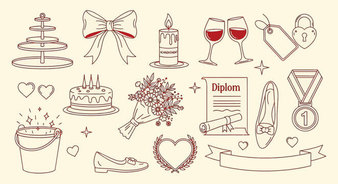 Vector line art icon set for graduation and celebration featuring diploma scroll, first place medal, cake with candles, flower bouquet, champagne bucket, and wine glasses in thin red lines.