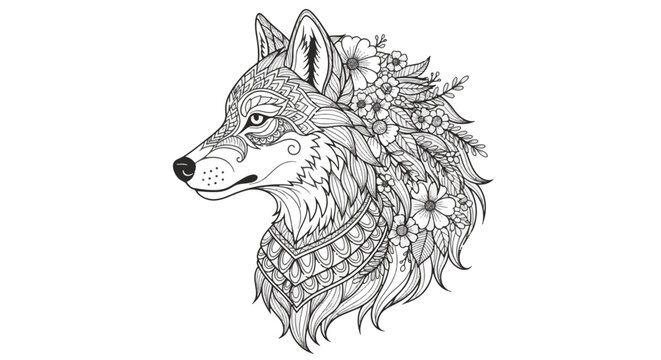 Intricate black and white line art illustration of a wolf head profile decorated with mandala patterns and floral elements for adult coloring book page on white background.