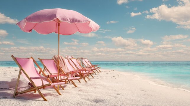 Little pink parasol and beach chair on sandy shore with turquoise ocean, sunny summer seaside vacation scene, tropical coastal relaxation background with copy space