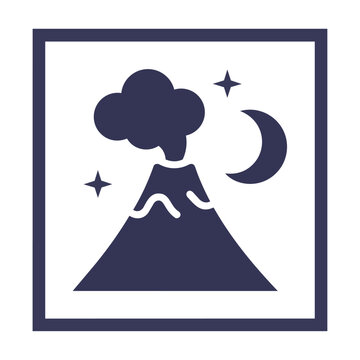 Minimalist volcano icon with smoke and moon in a square frame isolated on a white background nature and geology concept