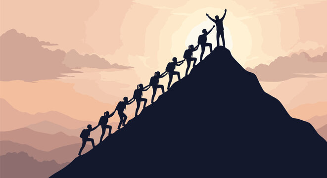 Silhouette vector of hikers climbing a steep mountain ridge, helping each other reach the peak at sunset. Visual of group leadership, teamwork, cooperation, and shared achievement.
