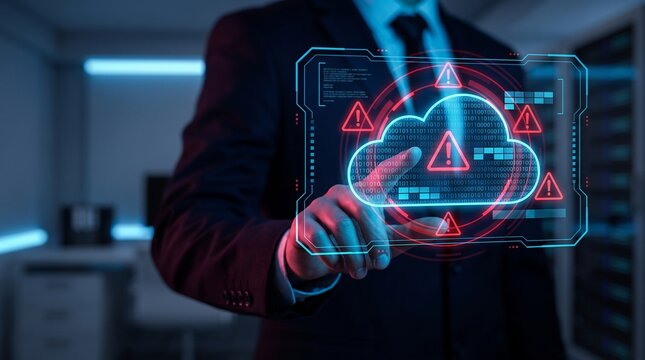 Businessman pointing at holographic data cloud with multiple warning signs and binary code background representing critical server failure or massive cybersecurity breach in enterprise