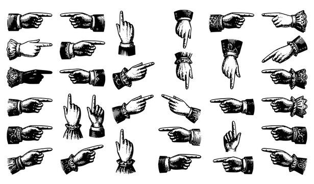 Pointing Hands Engraving Style Vector Set with Vintage Directional Hand Symbols