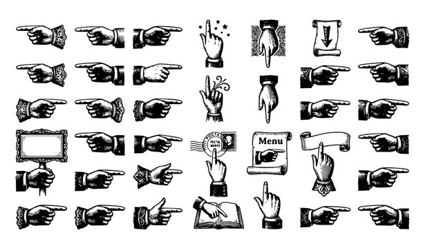 Vintage Engraved Pointing Hand Symbols Editable Vector Collection