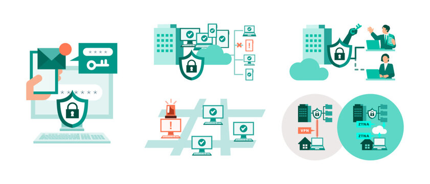 A cohesive flat illustration set that guides business professionals through modern network defense solutions, capturing key security actions from multi-factor login to data compliance tracking.
