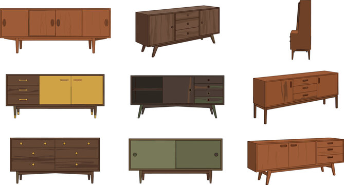 Mid-Century Modern Sideboard and Credenza Vector Set Featuring Wooden Buffet Cabinets Console Tables and Chest of Drawers Icons