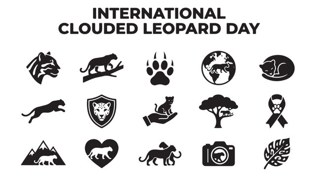 International Clouded Leopard Day, clouded leopard icons, black vector graphics, endangered species symbols, conservation illustrations