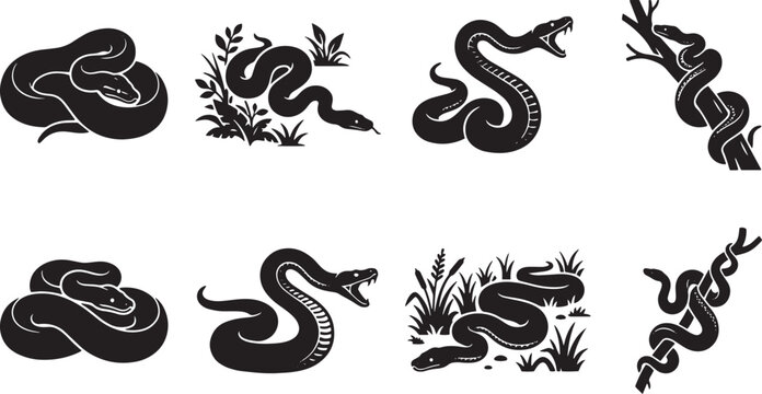 Black snake silhouette collection, set of 8 serpent vector icons, coiled viper and cobra illustrations, wild reptile graphic design elements isolated on Transparent Background