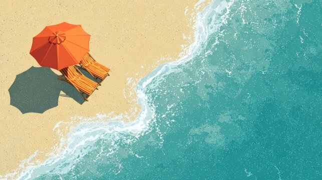 Summer vacation concept with sun lounger under beach umbrella on golden sandy shore, top view of relaxing tropical seaside destination, coastal travel background with copy space for tourism and leisur