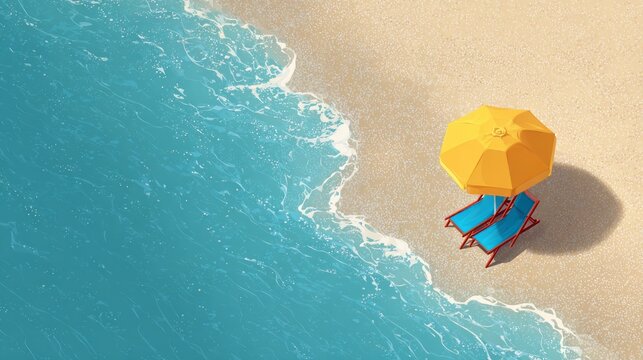 Summer vacation concept with sun lounger under beach umbrella on golden sandy shore, top view of relaxing tropical seaside destination, coastal travel background with copy space for tourism and leisur