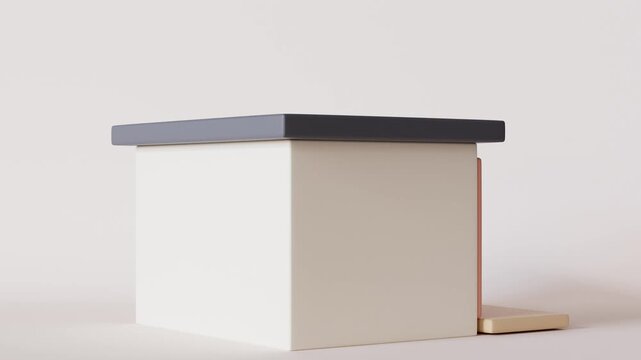 A house rotates and shows all sides while the animation loops. The simple design features a door, windows, and plants. Each view highlights basic shapes and colors