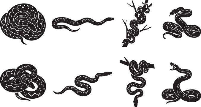 Black snake silhouette collection, set of 8 serpent vector icons, wild reptile illustrations in various poses for tattoo and logo design isolated on Transparent Background