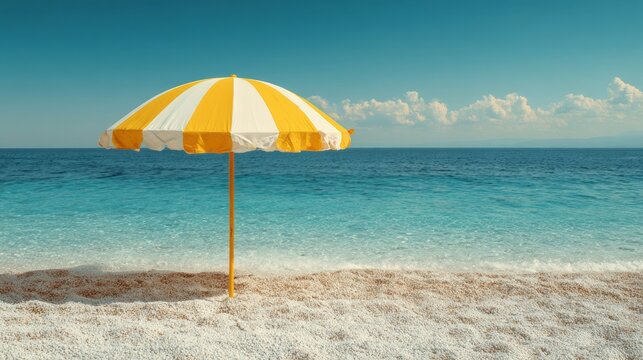 Large yellow and white striped beach umbrella providing shade on sandy shoreline with blue ocean, sunny summer vacation destination, tropical coastal landscape, seaside relaxation, travel and leisure 