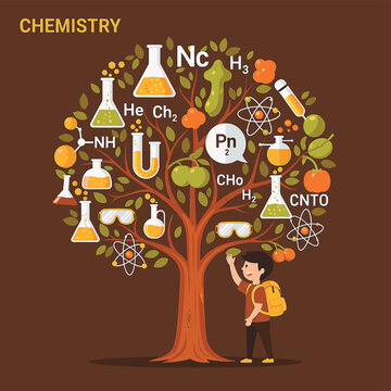 Educational vector illustration of a chemistry tree featuring laboratory glassware, chemical symbols, atoms, and safety goggles with a young student with a backpack.