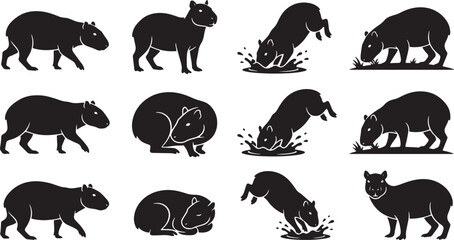 Fototapeta premium Capybara silhouette vector icons set, black wild animal symbols in various poses, South American rodent graphics for nature branding and educational design isolated on Transparent Background