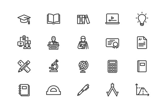 Education and e-learning line icon set. Online school, university graduation, study and science outline icons. Linear vector symbols isolated on white background.