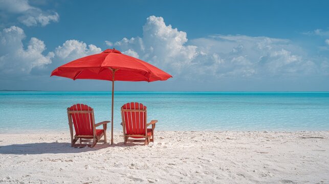 Two red beach chairs with sun umbrella on pristine white sand beach facing the turquoise ocean on a sunny summer day, tropical vacation destination, seaside relaxation, coastal travel background with 