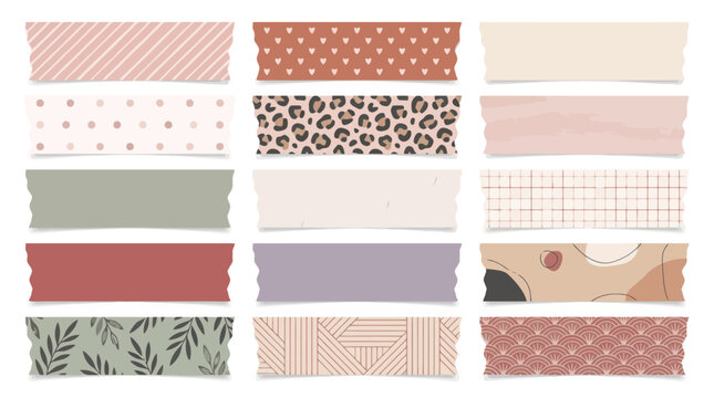 Washi tape set with 15 decorative masking tape strips, aesthetic patterned adhesive tape collection, scrapbook paper ribbons in pastel and earth tones