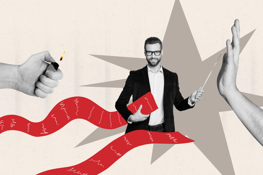 Creative trend artwork design collage sketch of young man suit teacher smile eyewear hand hold pointer showing arm gas lighter letter list
