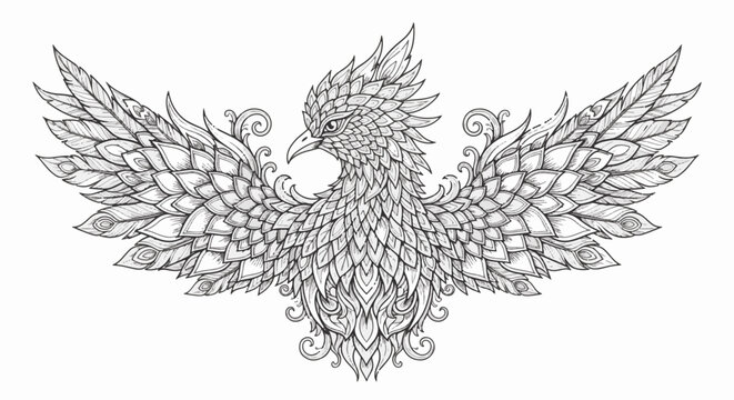 Intricate black and white line art illustration of a mythical phoenix bird with symmetrical spread wings, ornate feathered patterns, and floral filigree details on a white background.