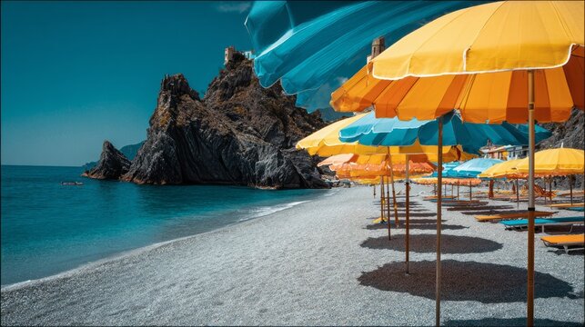 Colorful beach umbrellas lined along the sandy shore of Monterosso al Mare on the Italian Riviera with turquoise Mediterranean Sea, scenic coastal landscape and popular summer vacation destination