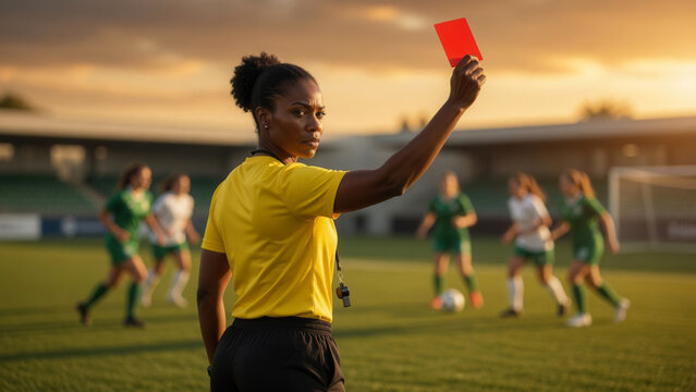 African-American female referee showing red card during soccer game on outdoor pitch, officiating and fairness